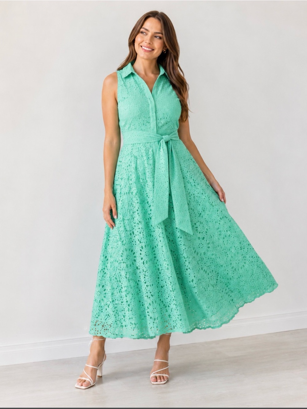 Lilly Pulitzer Mint Eyelet Sleeveless Maxi Dress with Tie Waist